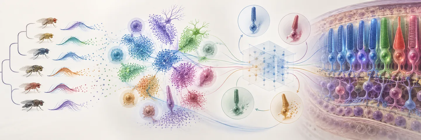 Illustration of the lab's research: a phylogeny of fruit-fly species with gene-expression curves, single-cell clusters of diverse cell types, a space of cell states in which photoreceptors change state, and a cross-section of the retina with rods and cones.
